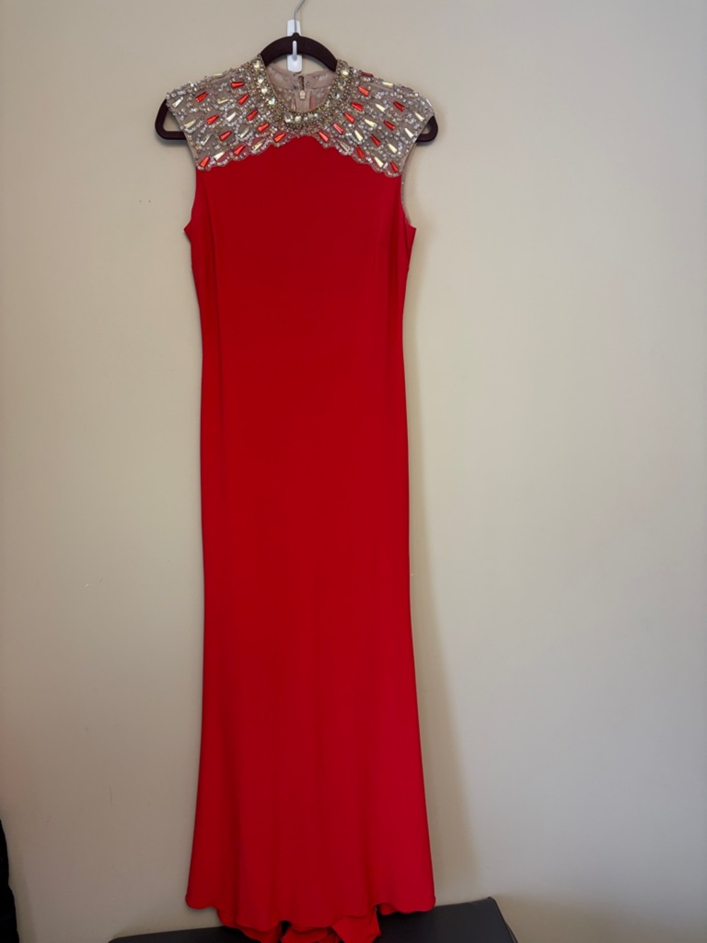 Betsy & Adam Red Maxi Gown with Jeweled Collar size 8